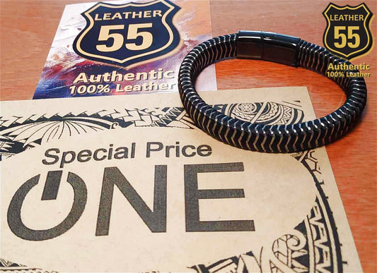 Leather 55 Ανδρικό Xειροποίητο Δερμάτινο βραχιόλι με ανοξείδωτο ατσάλι σε συσκευασία δώρου / Κωδικός Προϊόντος: C167