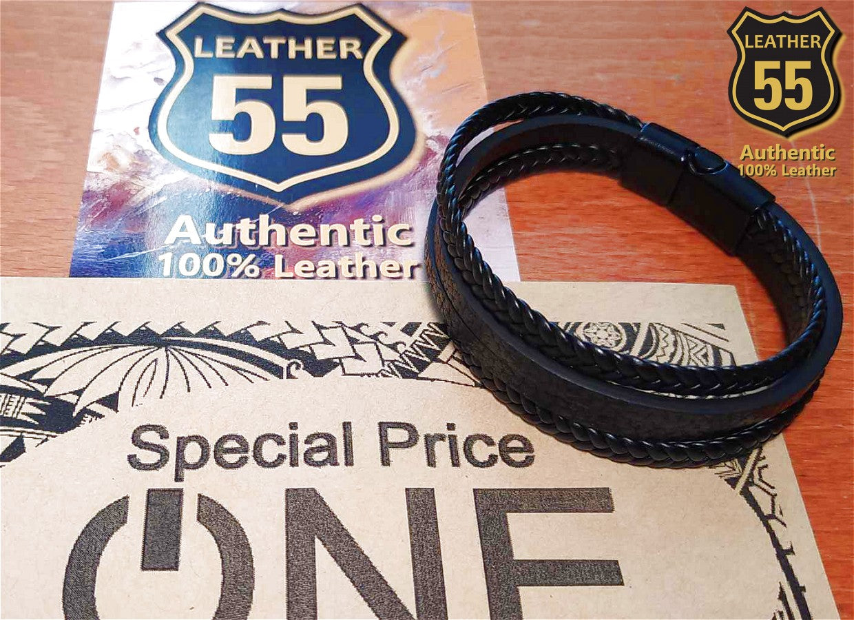 Leather 55 Ανδρικό Xειροποίητο Δερμάτινο βραχιόλι με ανοξείδωτο ατσάλι σε συσκευασία δώρου / Κωδικός Προϊόντος: C180