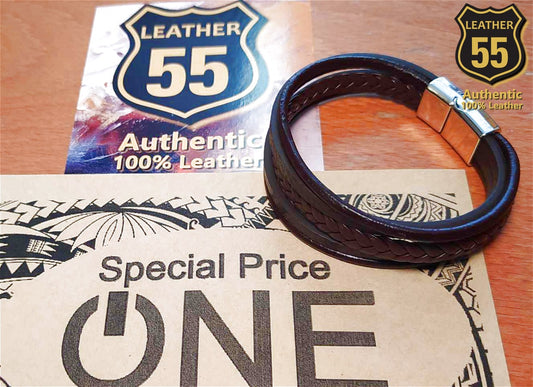 Leather 55 Ανδρικό Xειροποίητο Δερμάτινο βραχιόλι με ανοξείδωτο ατσάλι σε συσκευασία δώρου / Κωδικός Προϊόντος: C183