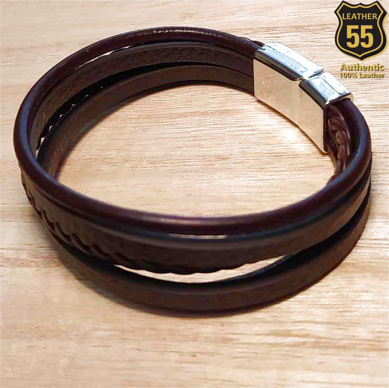 Leather 55 Ανδρικό Xειροποίητο Δερμάτινο βραχιόλι με ανοξείδωτο ατσάλι σε συσκευασία δώρου / Κωδικός Προϊόντος: C183