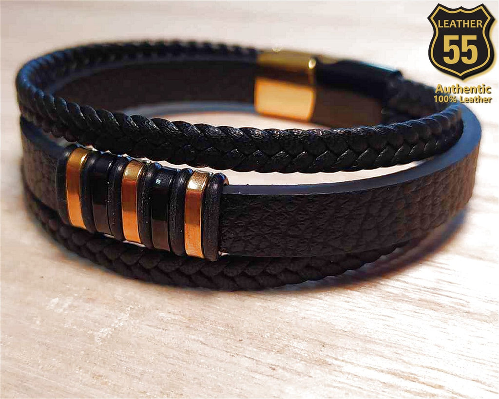 Leather 55 Ανδρικό Xειροποίητο Δερμάτινο βραχιόλι με ανοξείδωτο ατσάλι σε συσκευασία δώρου / Κωδικός Προϊόντος: C192