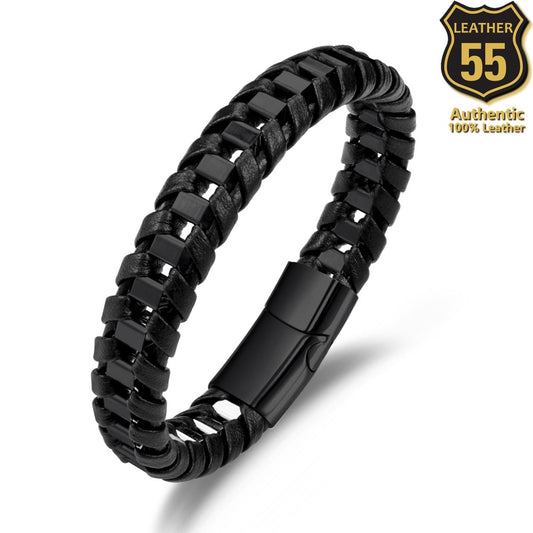 Leather 55 Ανδρικό Xειροποίητο Δερμάτινο βραχιόλι με ανοξείδωτο ατσάλι σε συσκευασία δώρου / Κωδικός Προϊόντος: C199