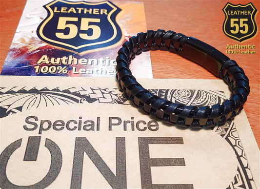 Leather 55 Ανδρικό Xειροποίητο Δερμάτινο βραχιόλι με ανοξείδωτο ατσάλι σε συσκευασία δώρου / Κωδικός Προϊόντος: C199