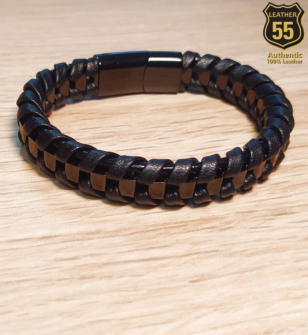 Leather 55 Ανδρικό Xειροποίητο Δερμάτινο βραχιόλι με ανοξείδωτο ατσάλι σε συσκευασία δώρου / Κωδικός Προϊόντος: C199
