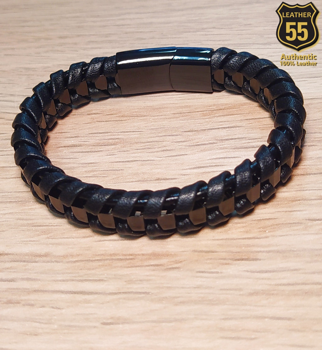 Leather 55 Ανδρικό Xειροποίητο Δερμάτινο βραχιόλι με ανοξείδωτο ατσάλι σε συσκευασία δώρου / Κωδικός Προϊόντος: C199
