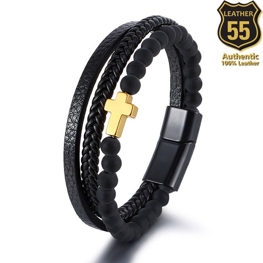Leather 55 Ανδρικό Xειροποίητο Δερμάτινο βραχιόλι με ανοξείδωτο ατσάλι σε συσκευασία δώρου / Κωδικός Προϊόντος: C107