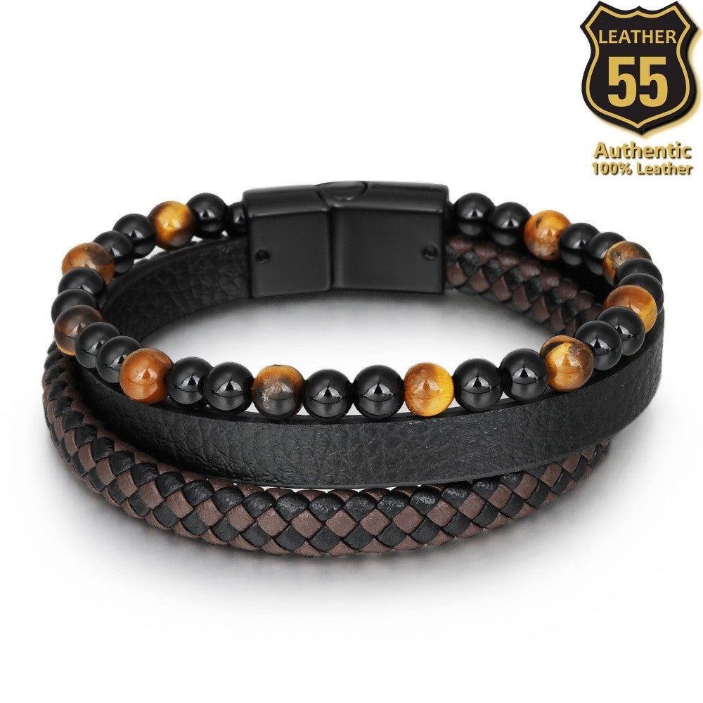 Leather 55 Ανδρικό Xειροποίητο Δερμάτινο βραχιόλι με ανοξείδωτο ατσάλι σε συσκευασία δώρου / Κωδικός Προϊόντος: C120