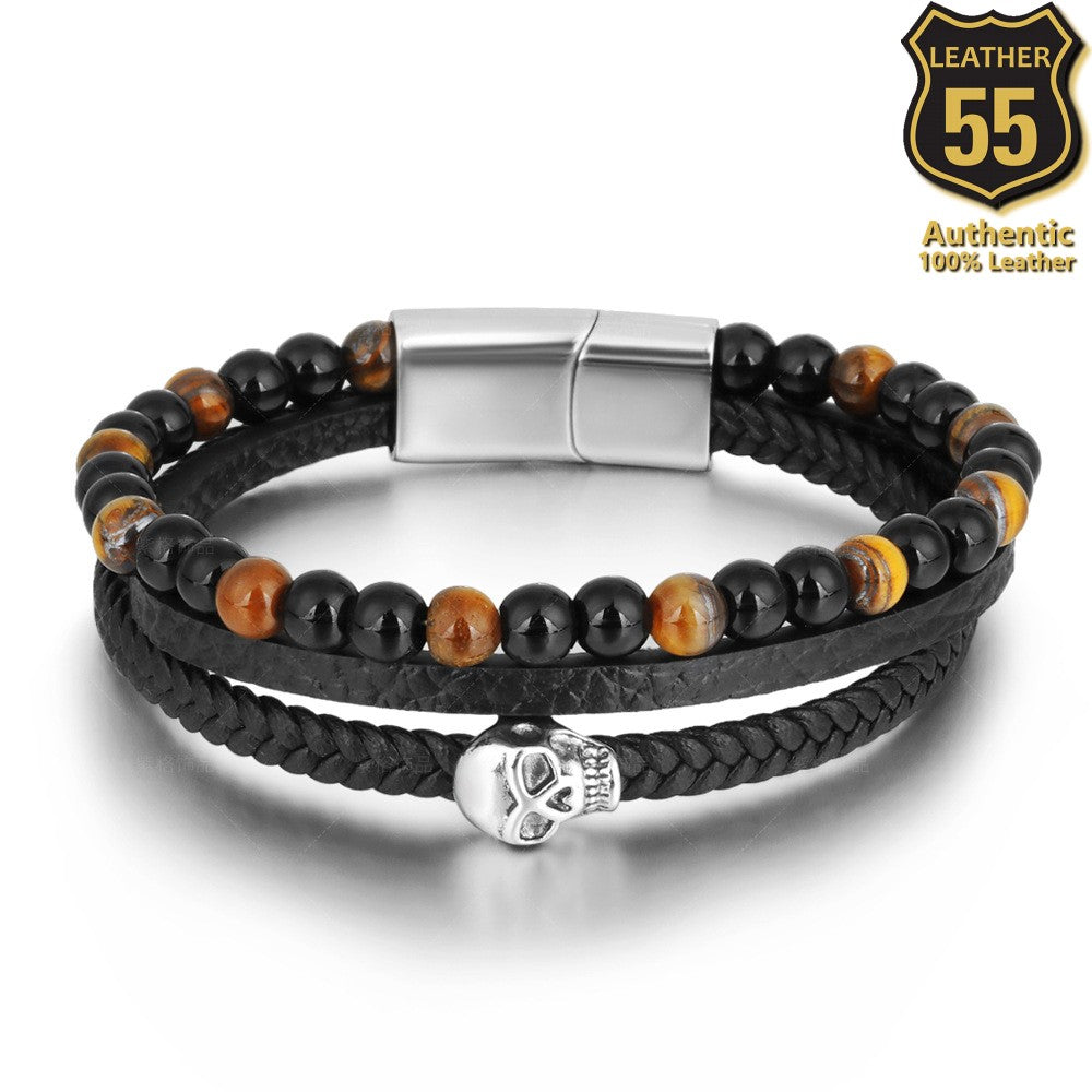 Leather 55 Ανδρικό Xειροποίητο Δερμάτινο βραχιόλι με ανοξείδωτο ατσάλι σε συσκευασία δώρου / Κωδικός Προϊόντος: C121