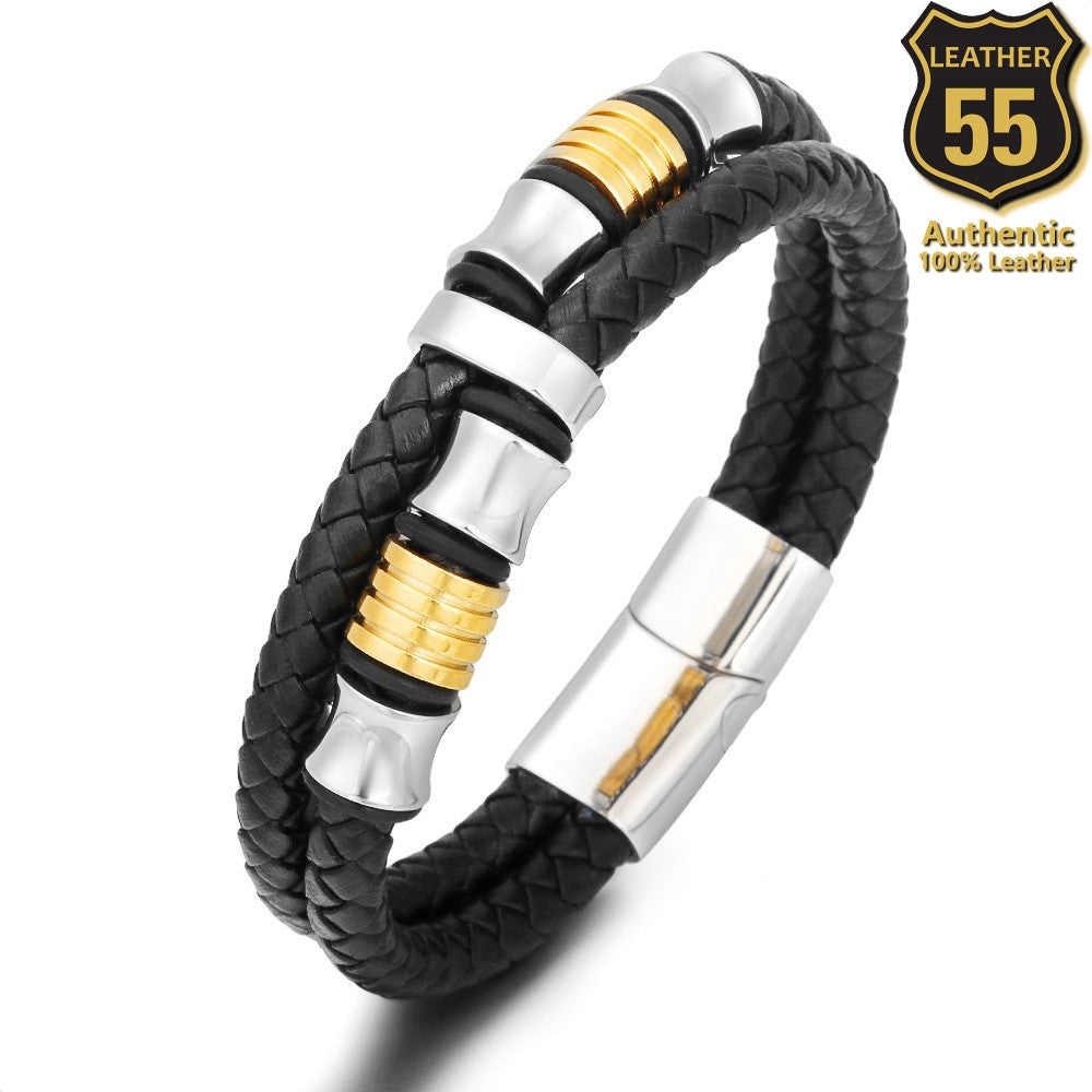 Leather 55 Ανδρικό Xειροποίητο Δερμάτινο βραχιόλι με ανοξείδωτο ατσάλι σε συσκευασία δώρου / Κωδικός Προϊόντος: C125