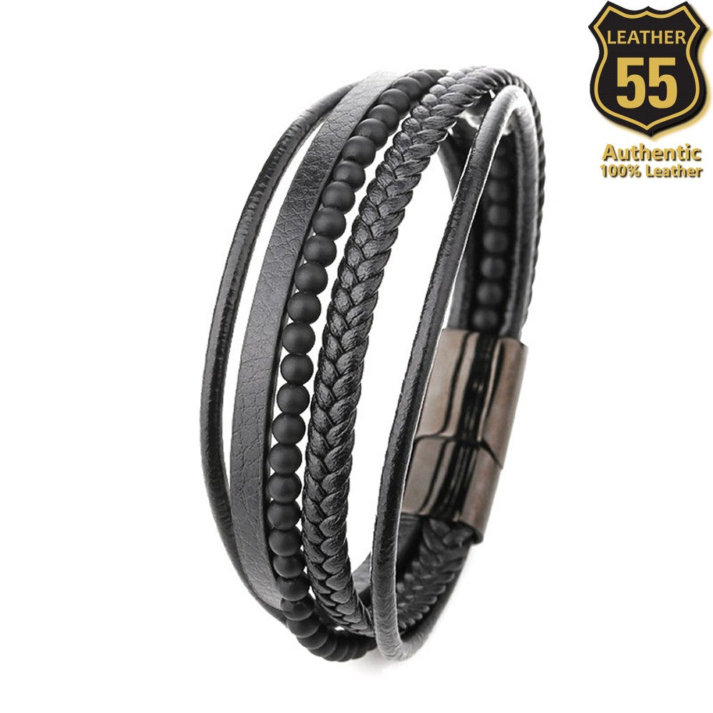 Leather 55 Ανδρικό Xειροποίητο Δερμάτινο βραχιόλι με ανοξείδωτο ατσάλι σε συσκευασία δώρου / Κωδικός Προϊόντος: C131