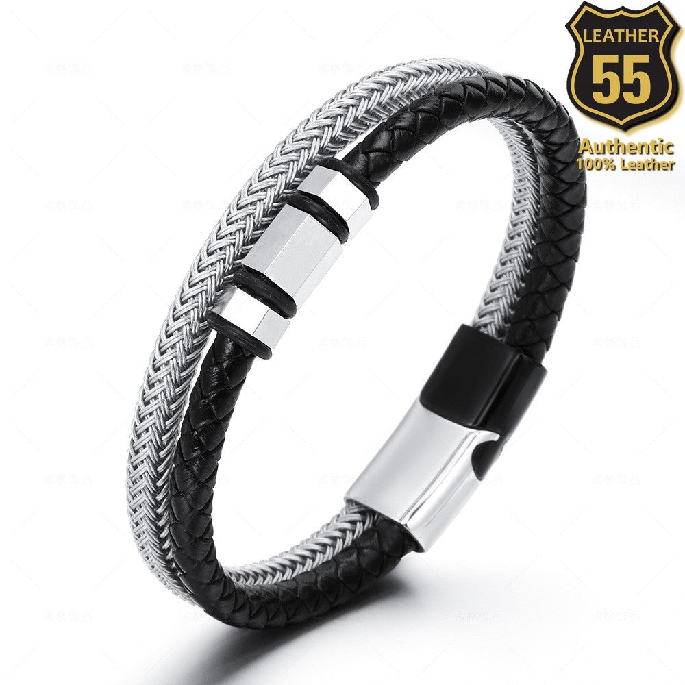 Leather 55 Ανδρικό Xειροποίητο Δερμάτινο βραχιόλι με ανοξείδωτο ατσάλι σε συσκευασία δώρου / Κωδικός Προϊόντος: C149