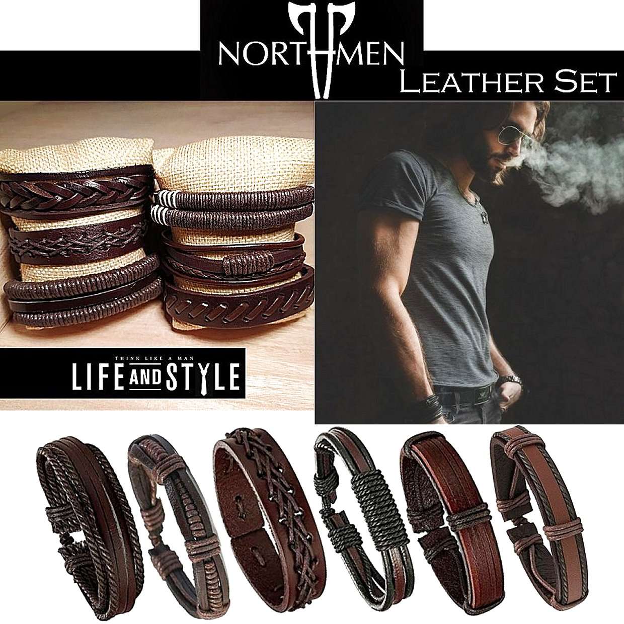 Northmen Leather Set από 6 χειροποίητα Δερμάτινα βραχιόλια / Κωδικός Προϊόντος: BR292